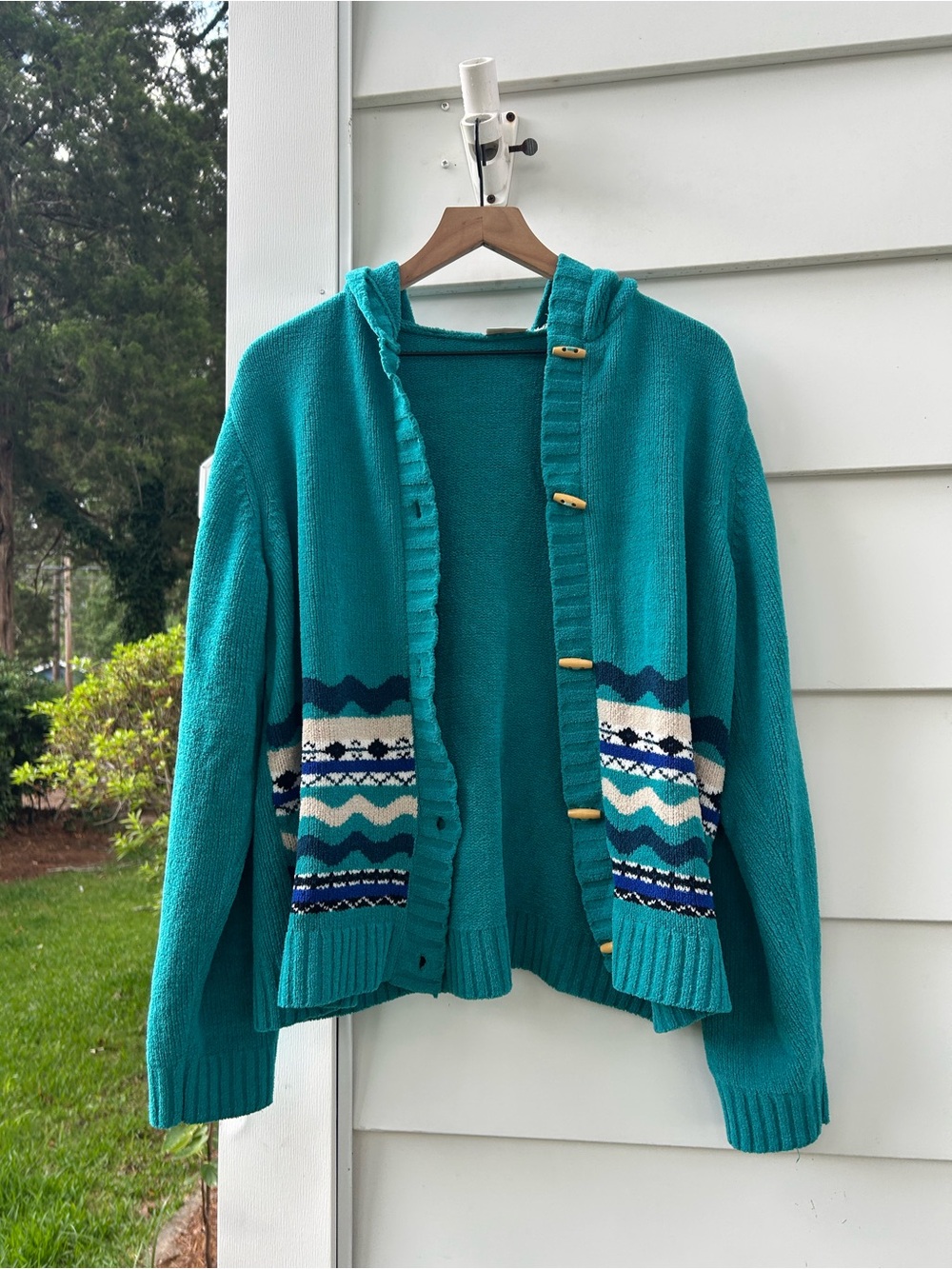 ERICA boho toggle button cardigan sweater size large hoodie aqua blue vintage